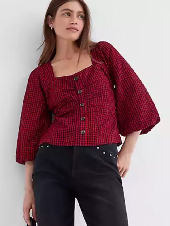 LOFT Tops - LOFT Gingham Gathered Square Neck Top Red Black Puff Sleeve Blouse Size 8 Picnic